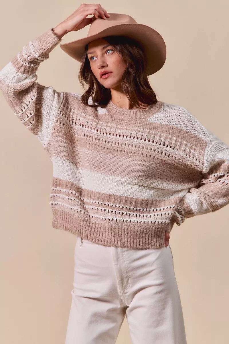 Variegated Taupe Stripe Textured Loose Fit Sweater