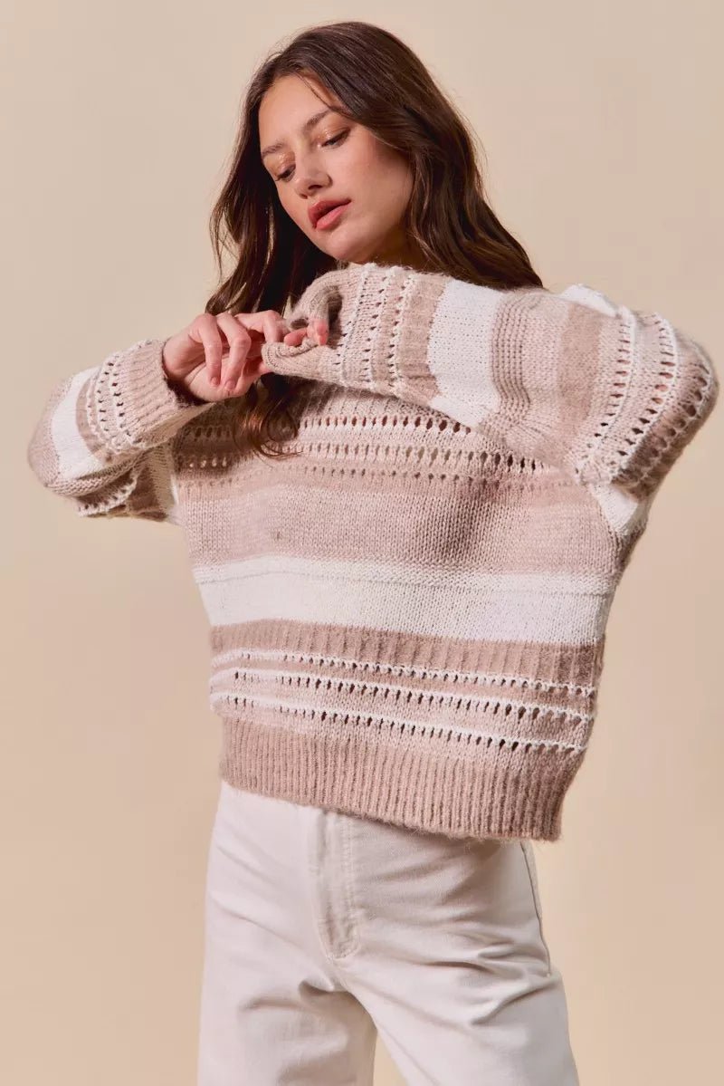 Variegated Taupe Stripe Textured Loose Fit Sweater