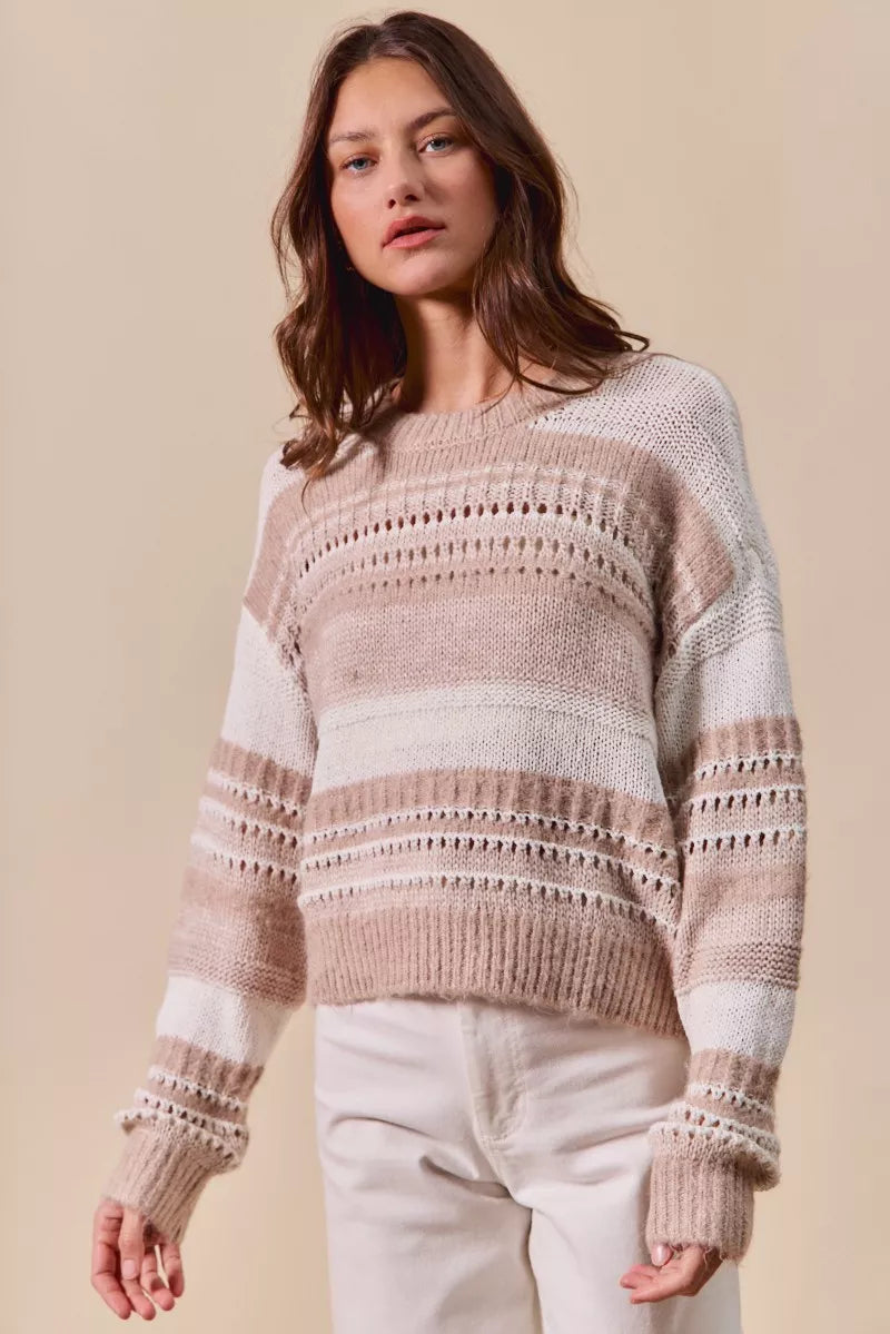 Variegated Taupe Stripe Textured Loose Fit Sweater