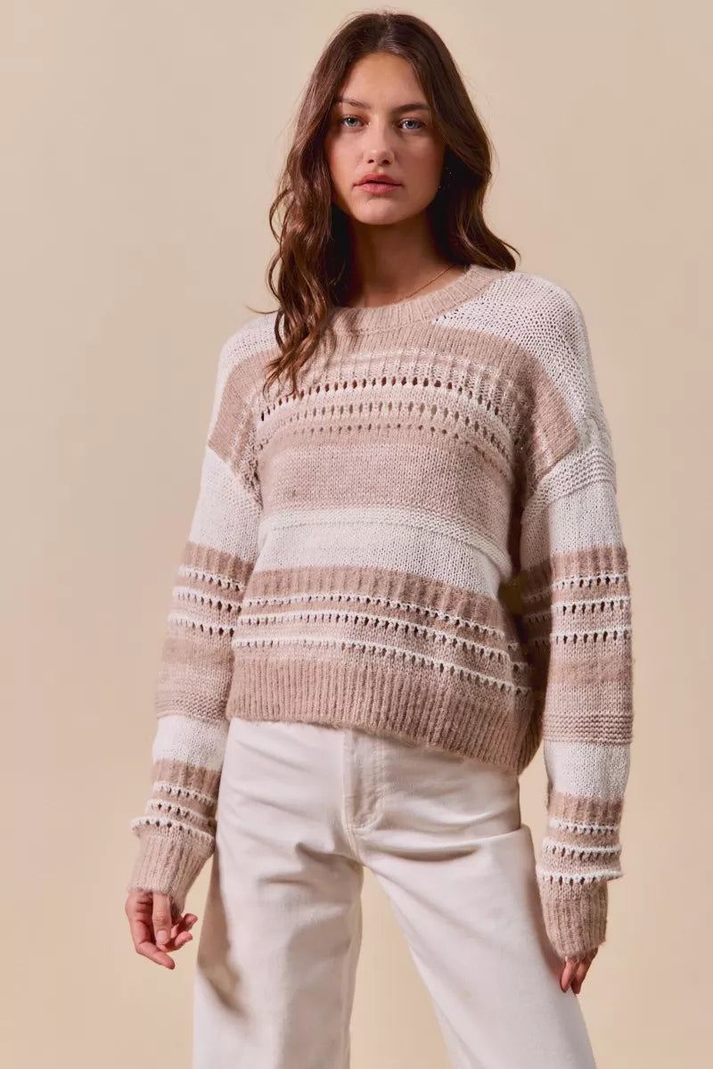 Variegated Taupe Stripe Textured Loose Fit Sweater