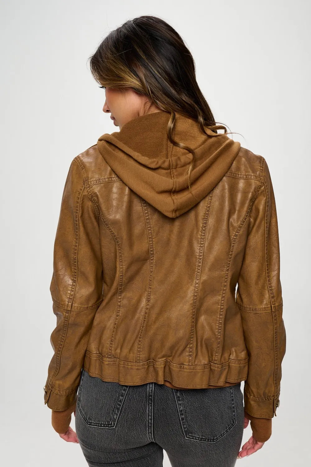 Vegan Leather Double Zip Hooded Bomber Jacket-Camel vegan leather hooded bomber jacket with double zip closure and drawstring hood. A versatile outerwear piece for chic, modern layering.-Reef Love