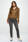 Vegan Leather Double Zip Hooded Bomber Jacket-Camel vegan leather hooded bomber jacket with double zip closure and drawstring hood. A versatile outerwear piece for chic, modern layering.-Reef Love