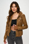 Vegan Leather Double Zip Hooded Bomber Jacket-Camel vegan leather hooded bomber jacket with double zip closure and drawstring hood. A versatile outerwear piece for chic, modern layering.-Reef Love