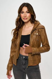 Vegan Leather Double Zip Hooded Bomber Jacket-Camel vegan leather hooded bomber jacket with double zip closure and drawstring hood. A versatile outerwear piece for chic, modern layering.-Reef Love