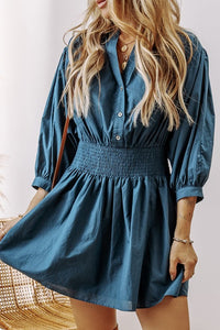Vera 3/4 Sleeve Shirred High Waist Buttoned Mini Dress