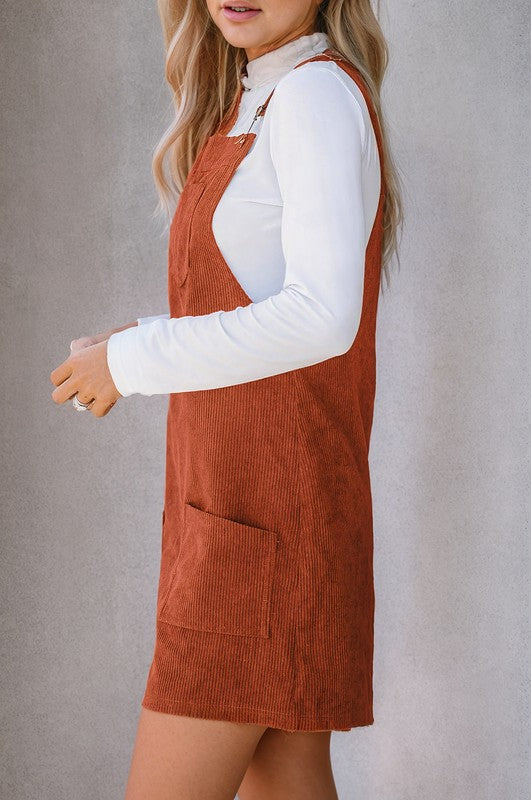 Vineyard Corduroy Front Pockets Overall Mini Dress