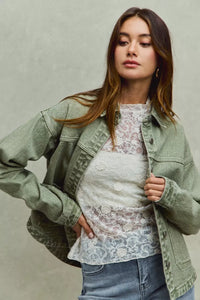 Vintage Washed Button Twill Shacket, Olive- Boho Chic Styles by Reef Love