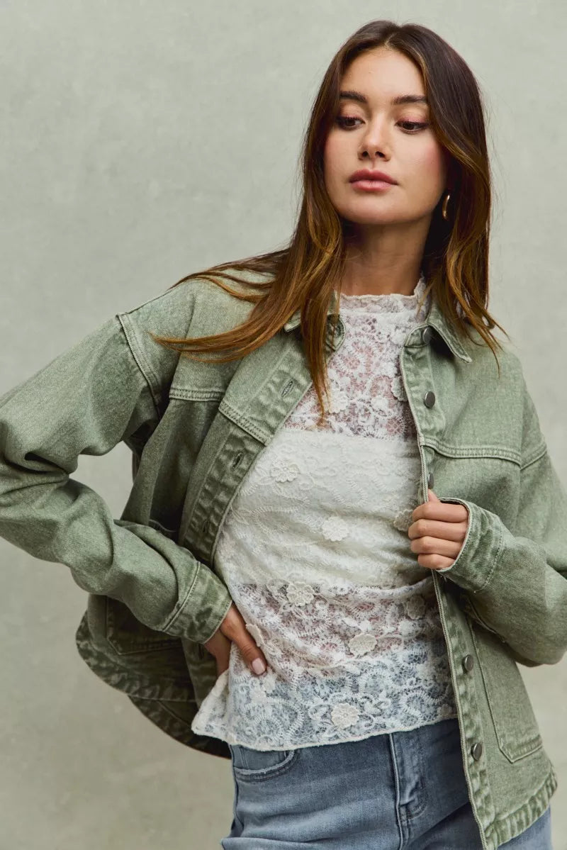 Vintage Washed Button Twill Shacket, Olive- Boho Chic Styles by Reef Love