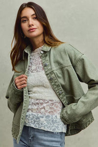 Vintage Washed Button Twill Shacket, Olive- Boho Chic Styles by Reef Love