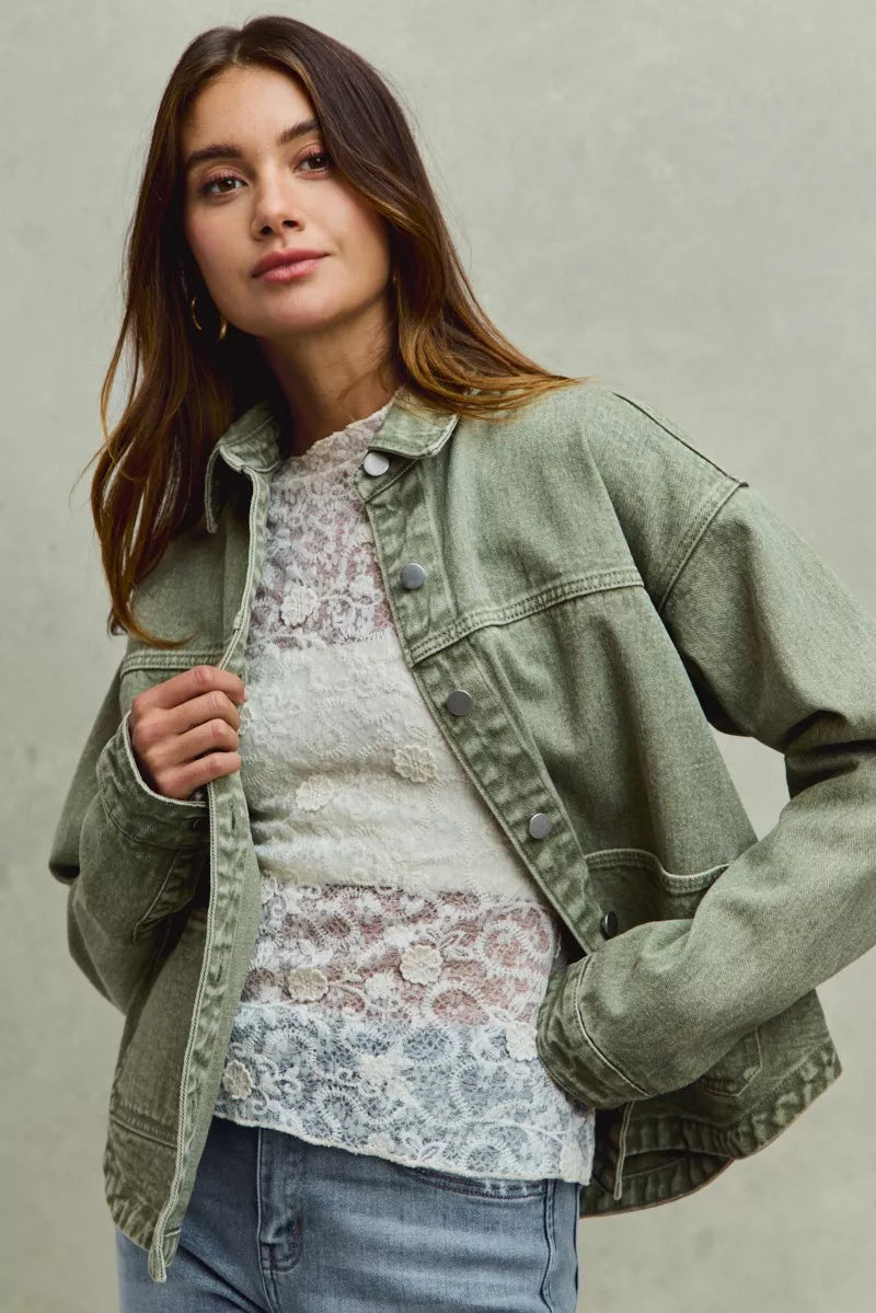 Vintage Washed Button Twill Shacket, Olive- Boho Chic Styles by Reef Love