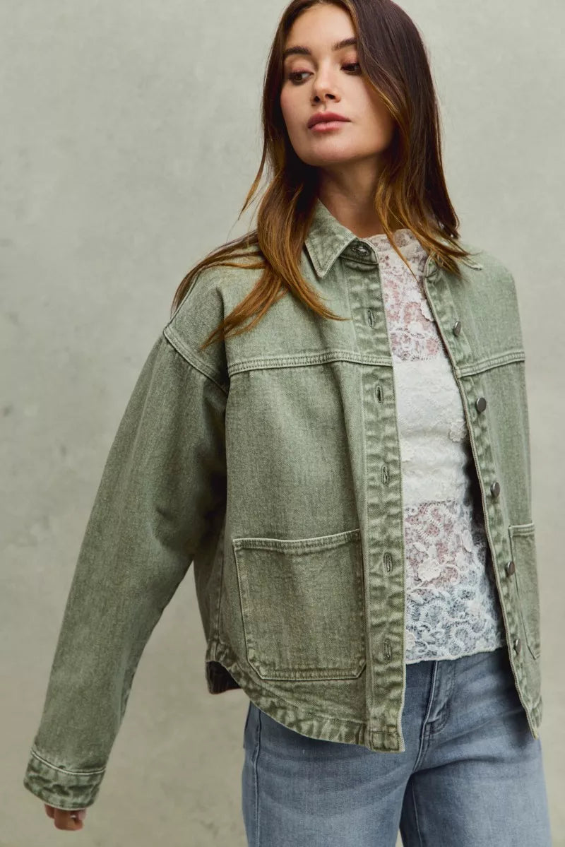 Vintage Washed Button Twill Shacket, Olive- Boho Chic Styles by Reef Love