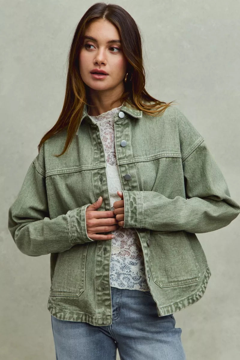 Vintage Washed Button Twill Shacket, Olive- Boho Chic Styles by Reef Love