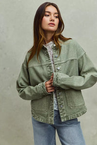 Vintage Washed Button Twill Shacket, Olive- Boho Chic Styles by Reef Love