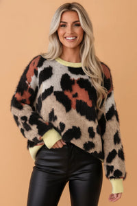 Leopard Colorblock Trim Drop Shoulder Fuzzy Sweater-Sweater-Reef Love