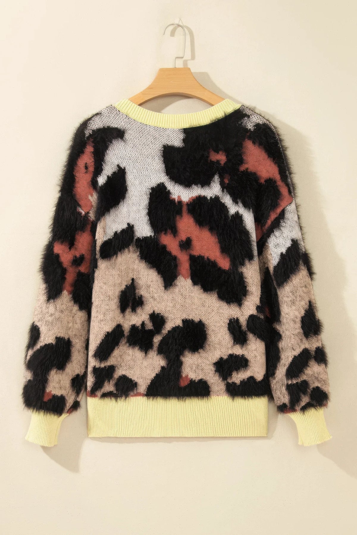 Leopard Colorblock Trim Drop Shoulder Fuzzy Sweater-Sweater-Reef Love