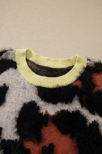 Leopard Colorblock Trim Drop Shoulder Fuzzy Sweater-Sweater-Reef Love