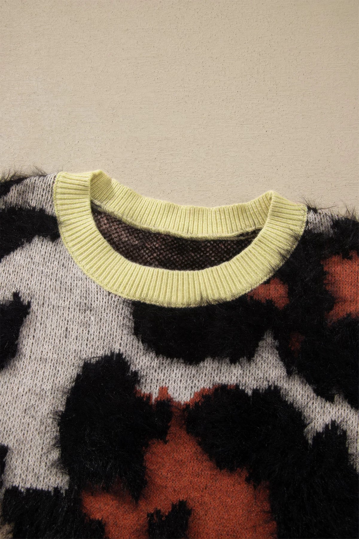 Leopard Colorblock Trim Drop Shoulder Fuzzy Sweater-Sweater-Reef Love