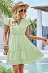 Woman wearing Ruffle Trim V Neck Fit Dress-Effortlessly stylish and flattering, this dress features ruffle trim and a deep V-neckline for a touch of romance. Fitted silhouette enhances your natural shape