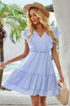 Woman wearing Ruffle Trim V Neck Fit Dress-Effortlessly stylish and flattering, this dress features ruffle trim and a deep V-neckline for a touch of romance. Fitted silhouette enhances your natural shape