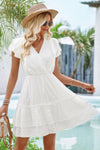 Woman wearing Ruffle Trim V Neck Fit Dress-Effortlessly stylish and flattering, this dress features ruffle trim and a deep V-neckline for a touch of romance. Fitted silhouette enhances your natural shape