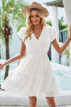 Woman wearing Ruffle Trim V Neck Fit Dress-Effortlessly stylish and flattering, this dress features ruffle trim and a deep V-neckline for a touch of romance. Fitted silhouette enhances your natural shape