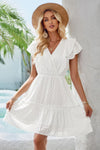 Woman wearing Ruffle Trim V Neck Fit Dress-Effortlessly stylish and flattering, this dress features ruffle trim and a deep V-neckline for a touch of romance. Fitted silhouette enhances your natural shape