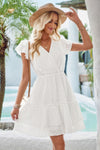 Woman wearing Ruffle Trim V Neck Fit Dress-Effortlessly stylish and flattering, this dress features ruffle trim and a deep V-neckline for a touch of romance. Fitted silhouette enhances your natural shape