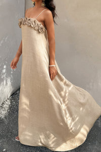 Woman wearing Flower Trim Spaghetti Strap Maxi Dress-Embrace a romantic and breezy vibe with this flower trim sleeveless dress, designed to turn heads with its ruffled, maxi silhouette. Breathable comfort.