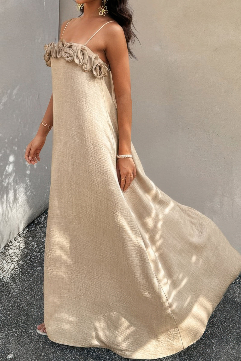 Woman wearing Flower Trim Spaghetti Strap Maxi Dress-Embrace a romantic and breezy vibe with this flower trim sleeveless dress, designed to turn heads with its ruffled, maxi silhouette. Breathable comfort.