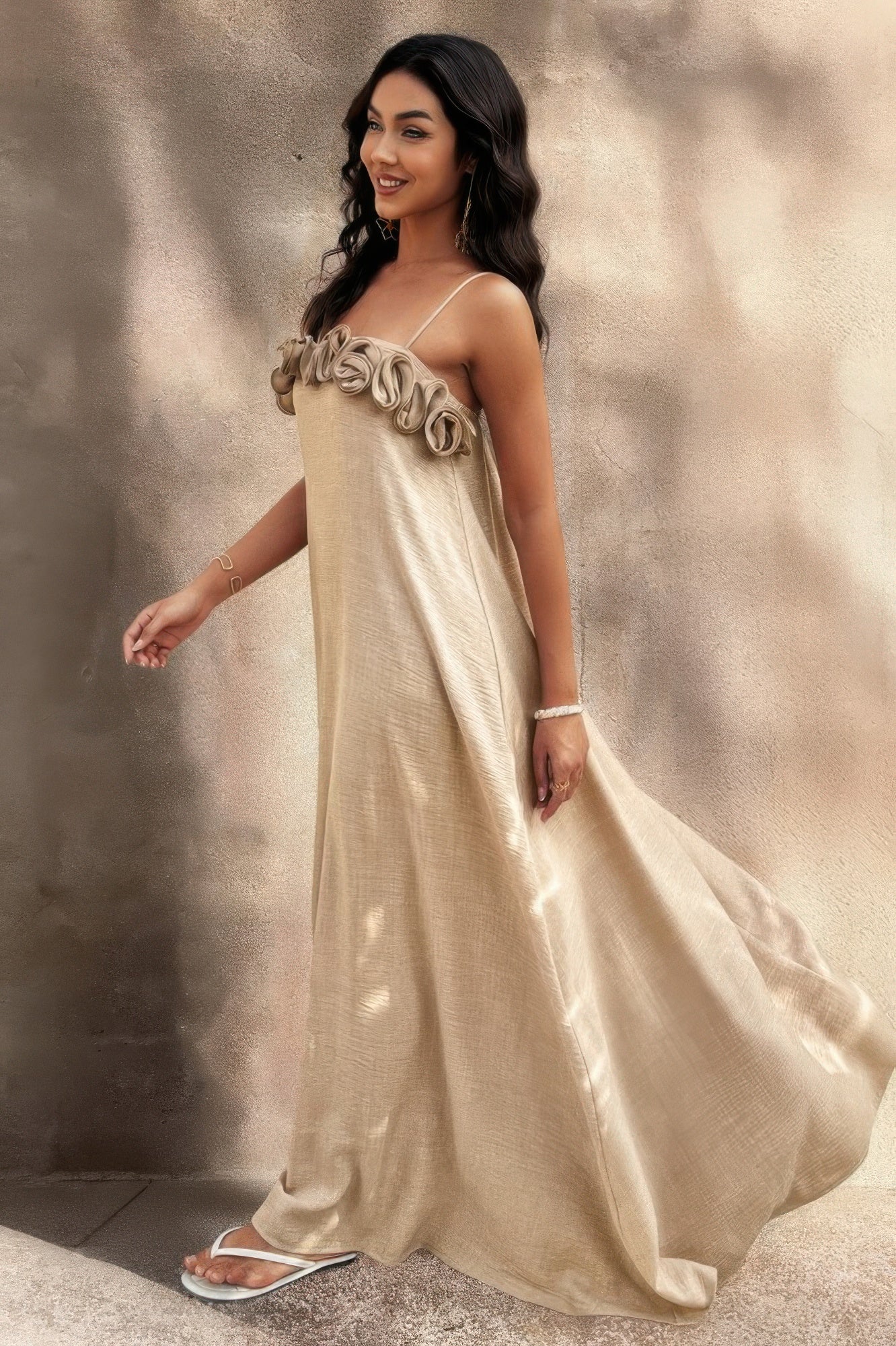 Woman wearing Flower Trim Spaghetti Strap Maxi Dress-Embrace a romantic and breezy vibe with this flower trim sleeveless dress, designed to turn heads with its ruffled, maxi silhouette. Breathable comfort.