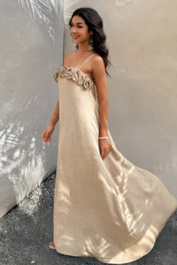 Woman wearing Flower Trim Spaghetti Strap Maxi Dress-Embrace a romantic and breezy vibe with this flower trim sleeveless dress, designed to turn heads with its ruffled, maxi silhouette. Breathable comfort.