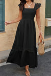 Woman wearing Lace Patchwork Textured Maxi Dress-Elegant and effortlessly wearable, this solid sleeveless dress features delicate lace patchwork and a subtle textured finish for added dimension. 
