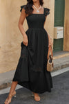 Woman wearing Lace Patchwork Textured Maxi Dress-Elegant and effortlessly wearable, this solid sleeveless dress features delicate lace patchwork and a subtle textured finish for added dimension. 