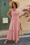 Woman wearing Lace Patchwork Textured Maxi Dress-Elegant and effortlessly wearable, this solid sleeveless dress features delicate lace patchwork and a subtle textured finish for added dimension. 