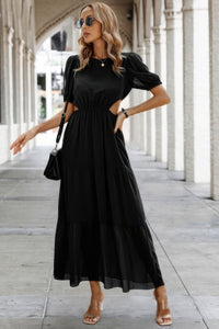 Woman wearing Cut Out Waist Ruffle Hem Puff Sleeves Fit Dress-