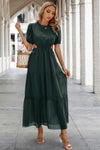 Woman wearing Cut Out Waist Ruffle Hem Puff Sleeves Fit Dress-