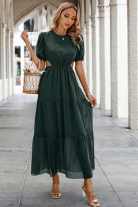 Woman wearing Cut Out Waist Ruffle Hem Puff Sleeves Fit Dress-