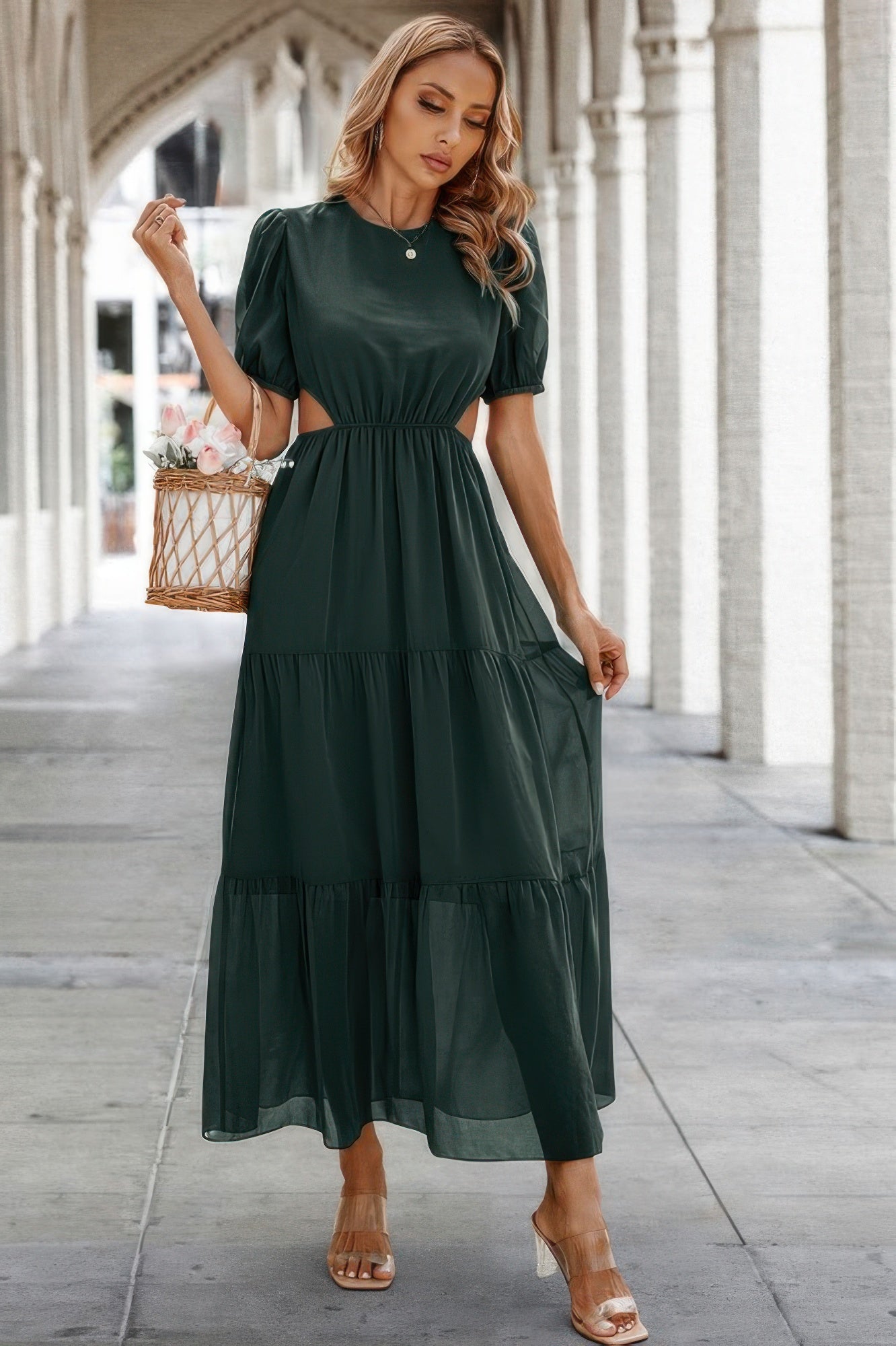 Woman wearing Cut Out Waist Ruffle Hem Puff Sleeves Fit Dress-