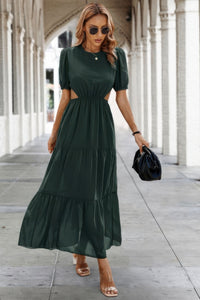 Woman wearing Cut Out Waist Ruffle Hem Puff Sleeves Fit Dress-
