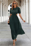 Woman wearing Cut Out Waist Ruffle Hem Puff Sleeves Fit Dress-