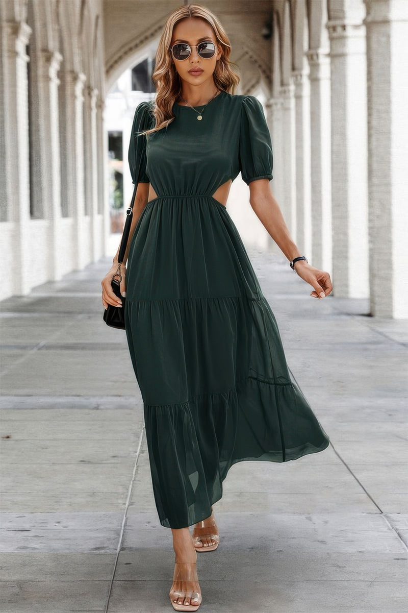 Woman wearing Cut Out Waist Ruffle Hem Puff Sleeves Fit Dress-