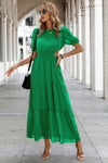 Woman wearing Cut Out Waist Ruffle Hem Puff Sleeves Fit Dress-