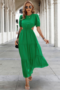 Woman wearing Cut Out Waist Ruffle Hem Puff Sleeves Fit Dress-