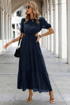 Woman wearing Cut Out Waist Ruffle Hem Puff Sleeves Fit Dress-