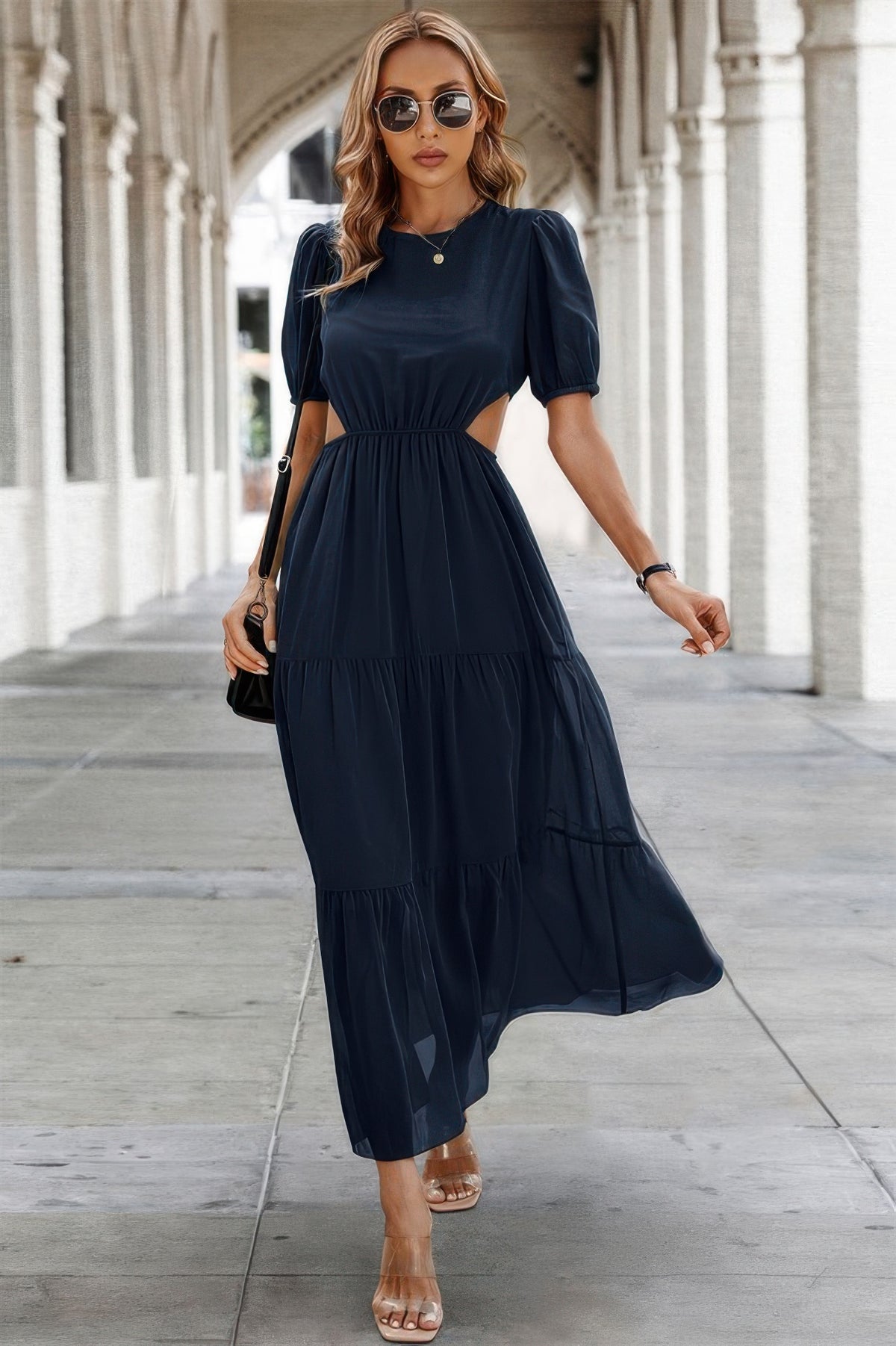 Woman wearing Cut Out Waist Ruffle Hem Puff Sleeves Fit Dress-