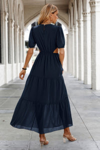 Woman wearing Cut Out Waist Ruffle Hem Puff Sleeves Fit Dress-