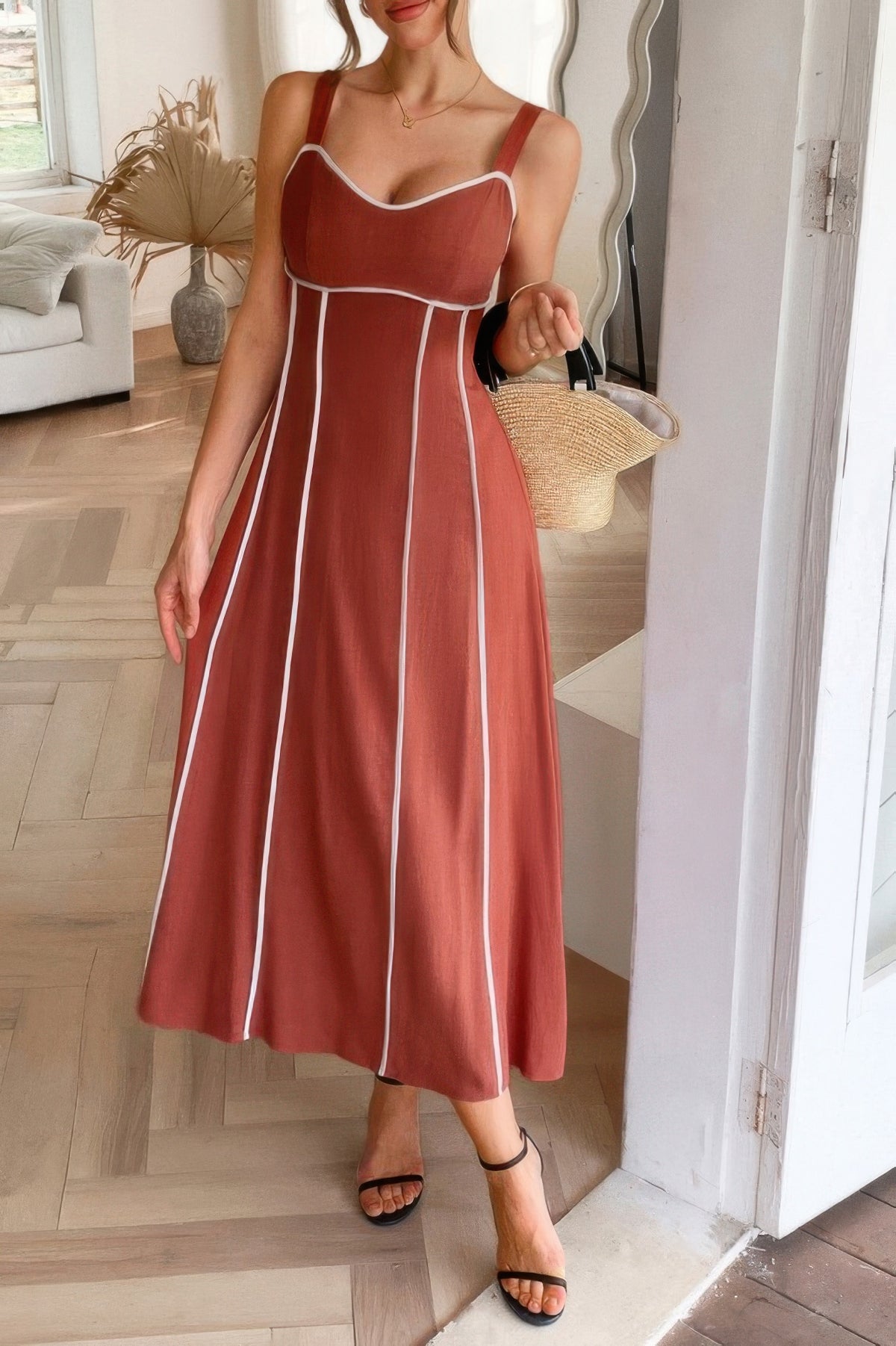 Woman wearing Contrast Binding Linen Blend Maxi Dress-Contrast Binding Linen Blend Maxi Dress - Effortlessly Chic and breezy. Your go-to choice for sunny days, contrast binding that adds a stylish edge.