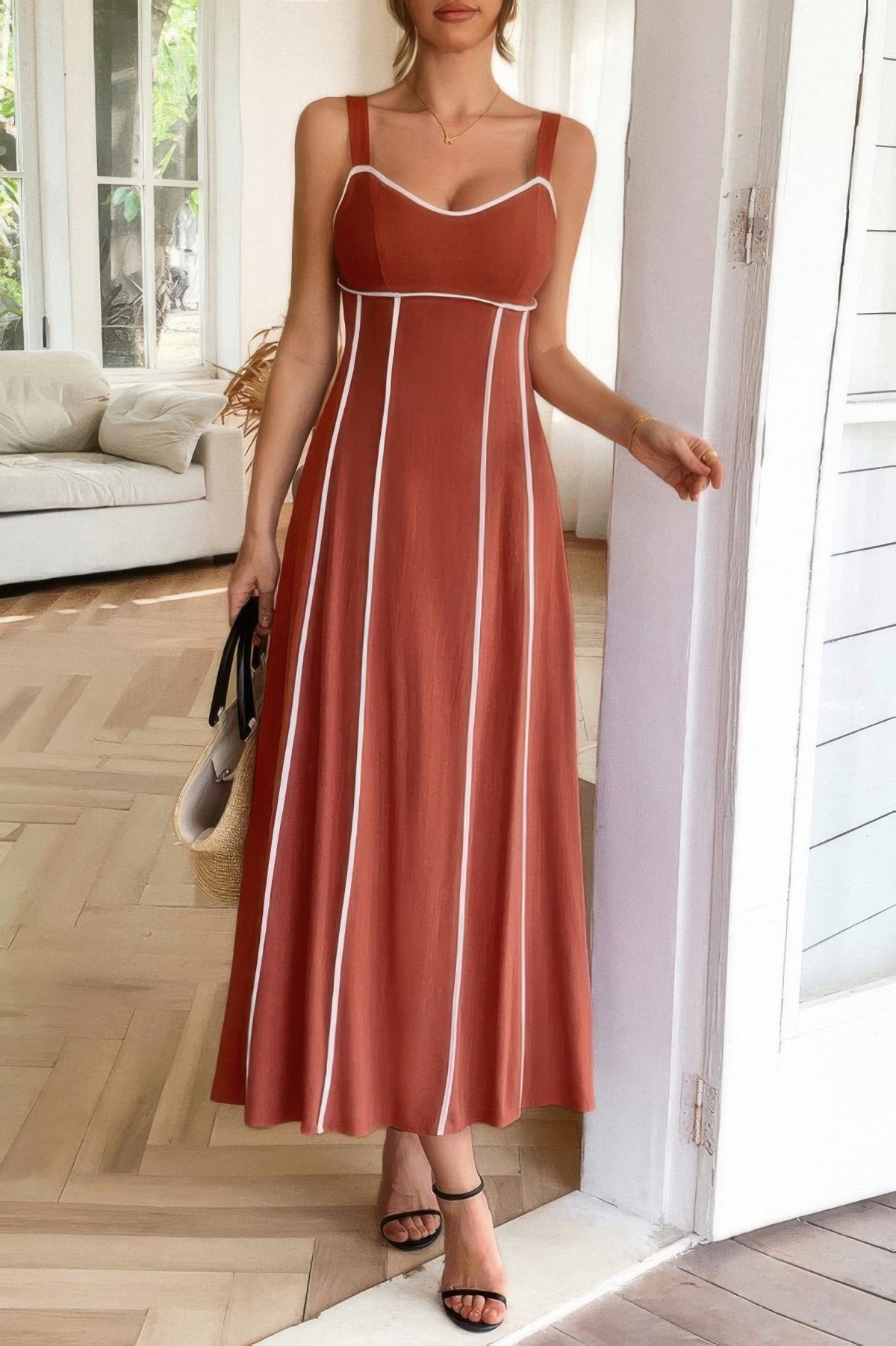 Woman wearing Contrast Binding Linen Blend Maxi Dress-Contrast Binding Linen Blend Maxi Dress - Effortlessly Chic and breezy. Your go-to choice for sunny days, contrast binding that adds a stylish edge.