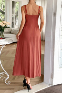 Woman wearing Contrast Binding Linen Blend Maxi Dress-Contrast Binding Linen Blend Maxi Dress - Effortlessly Chic and breezy. Your go-to choice for sunny days, contrast binding that adds a stylish edge.