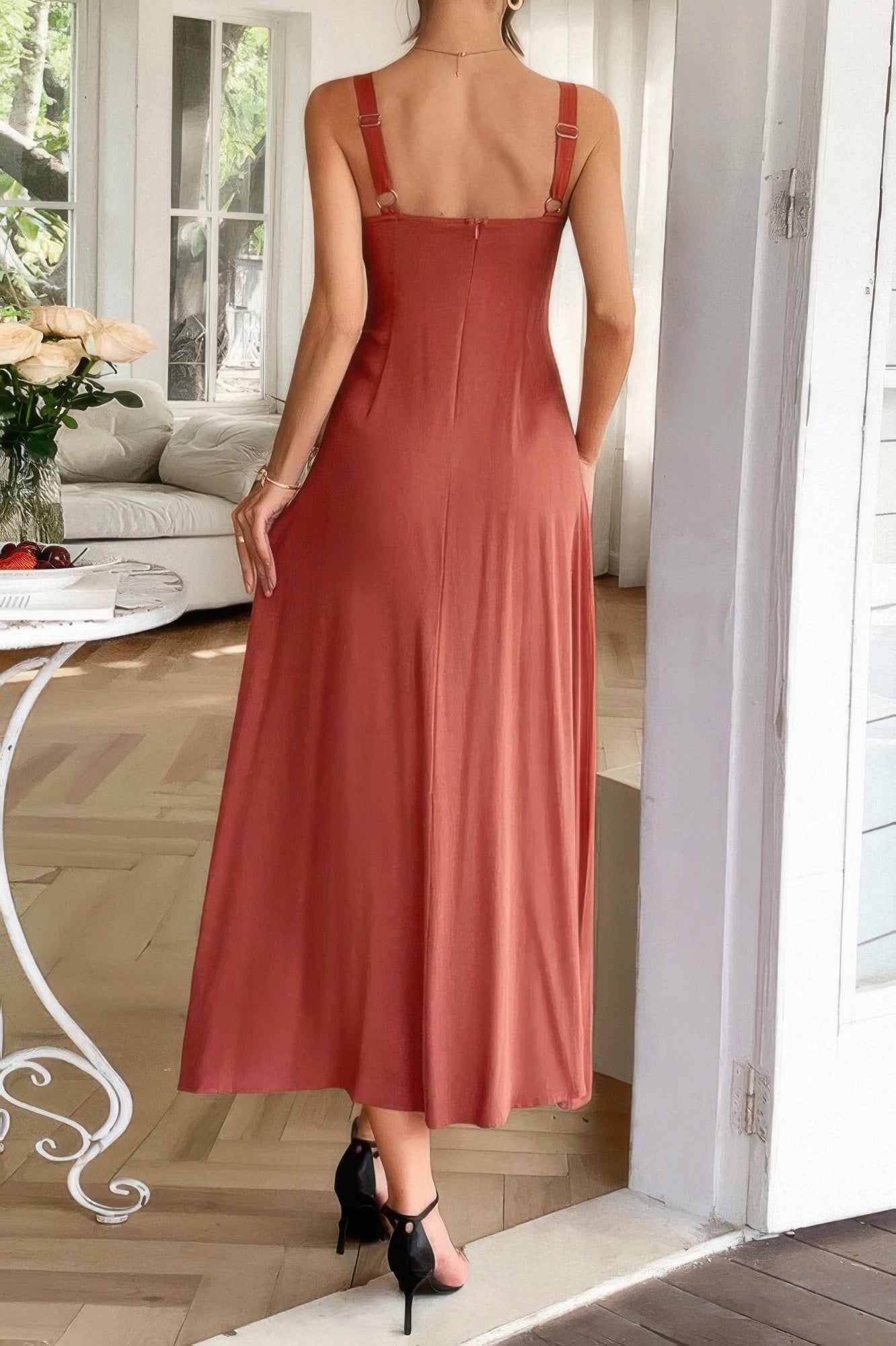 Woman wearing Contrast Binding Linen Blend Maxi Dress-Contrast Binding Linen Blend Maxi Dress - Effortlessly Chic and breezy. Your go-to choice for sunny days, contrast binding that adds a stylish edge.